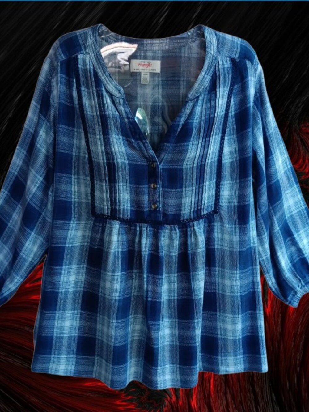 Wrangler Women's Size Large (12-14) Long Sleeve Plaid Blouse Blue